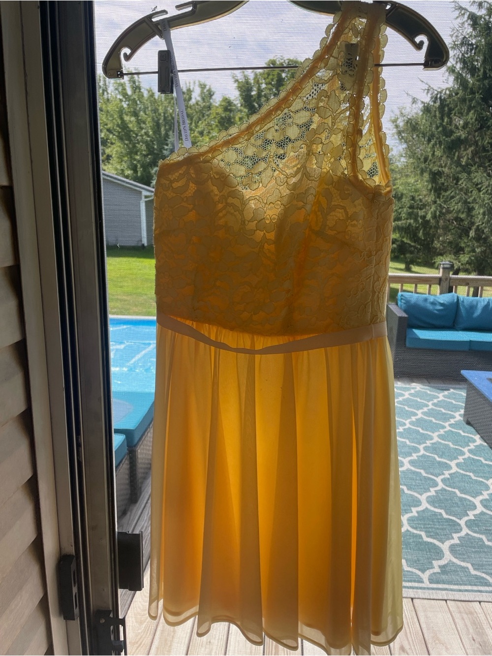 David's Bridal One-Shoulder Lace Chiffon Dress in Yellow